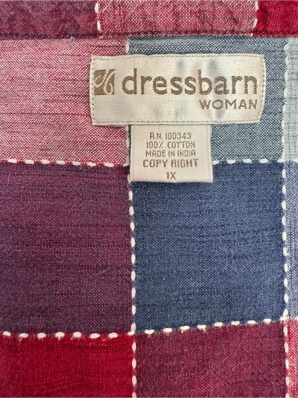 DressBarn Woman 1X Patchwork Plaid Button Front Shirt | 100% Cotton